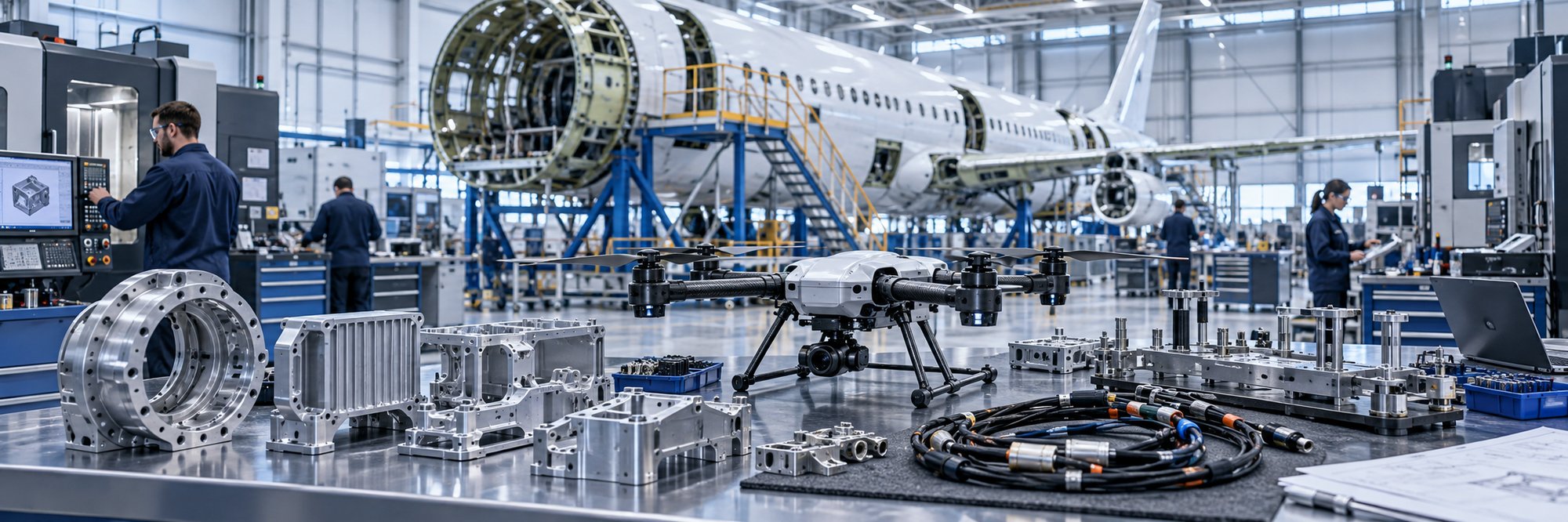 Illustration of aircraft and civilian drone manufacturing with precision components and assembly tooling Illustration of aircraft and civilian drone manufacturing with precision components and assembly tooling