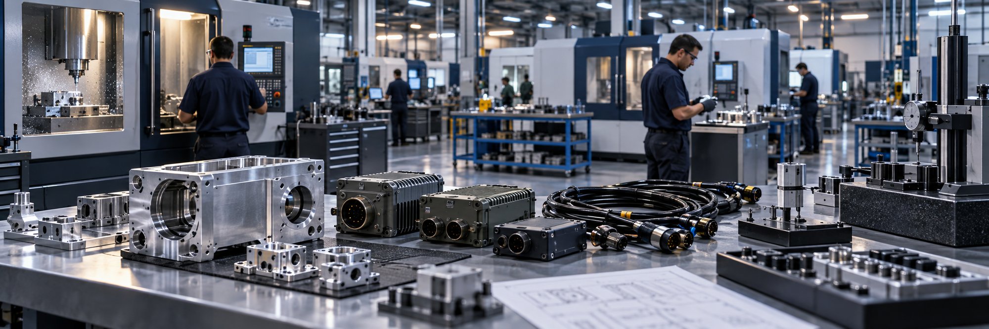 Illustration of precision machining, rugged electronics and component inspection for defense manufacturing Illustration of precision machining, rugged electronics and component inspection for defense manufacturing