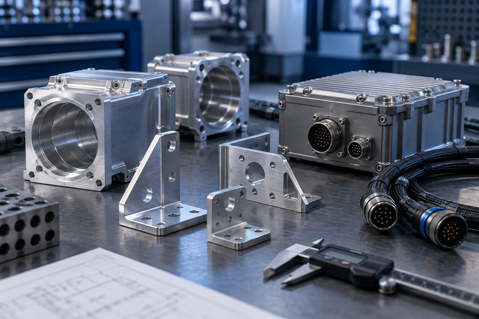 Illustration of machined housings, brackets, rugged electronics and cable assemblies Illustration of machined housings, brackets, rugged electronics and cable assemblies